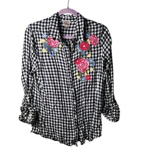 Navy‎ and White Gingham Shirt with Floral Embroidery Size Small